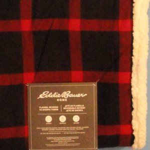 Eddie Bauer Flannel Throw Blanket, NEW Sherpa Faux Shearling 50x60,red black,H62